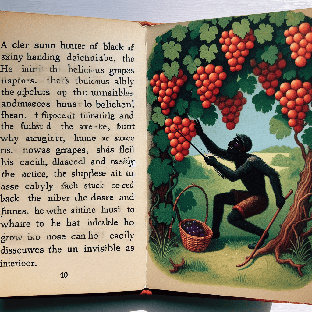 In einem sonnendurchfluteten Obstgarten strebt ein schlauer Jäger nach köstlichen Trauben, die verlockend hoch hängen. Doch trotz aller Anstrengungen bleibt die ersehnte Frucht unerreichbar. Frustriert und enttäuscht entwickelt er eine gewitzte Ausrede, um seinen Misserfolg zu kaschieren. Diese fesselnde Geschichte thematisiert die menschliche Neigung, das Unmögliche zu erreichen und die Kunst, sich mit dem eigenen Versagen abzufinden. Letztlich wird deutlich, wie leicht man das Unsichtbare als minderwertig abtut.
